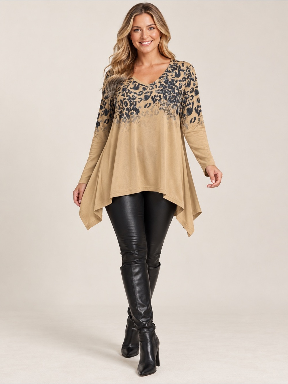 Leopard Yoke Handkerchief-Hem Tunic Top - Camel- 85% cotton